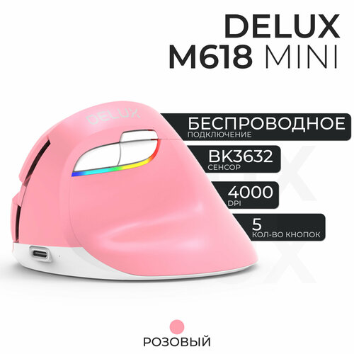 Вертикальная мышь беспроводная Delux M618 MINI, розовый