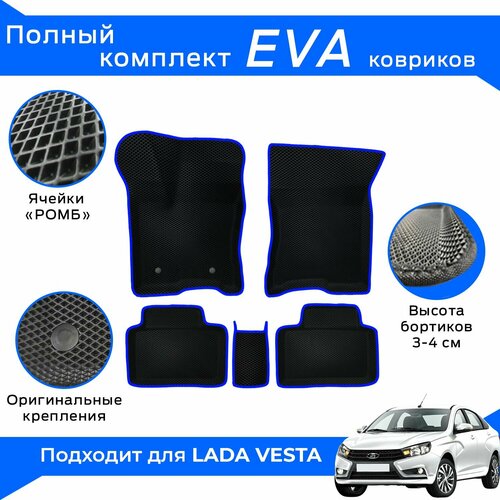 EVA коврики для Lada Vesta с бортами / Синие / Лада Веста / Эва-3Д, Eva-3D