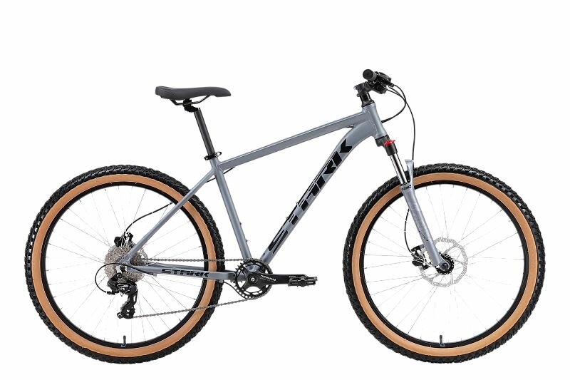 Велосипед взрослый горный Stark '24 Hunter 27.2+ HD, 8 скоростей, переключение ShimanoTourney, рама 18", колёса 27", (комфортный рост 167-178), серый / черный