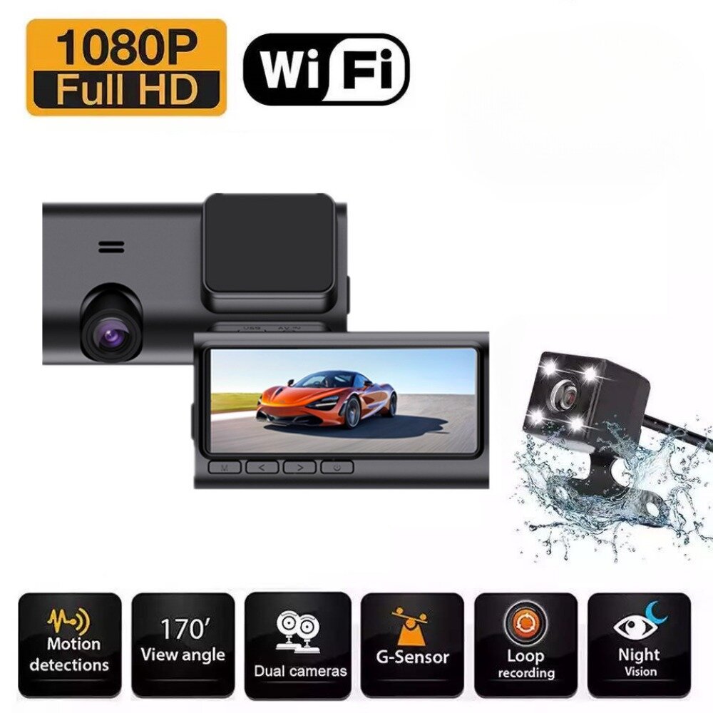 Автомобильный видеорегистратор / Wi-Fi поддержка / Full HD 1080P /датчик удара G-Sensor / камера заднего вида