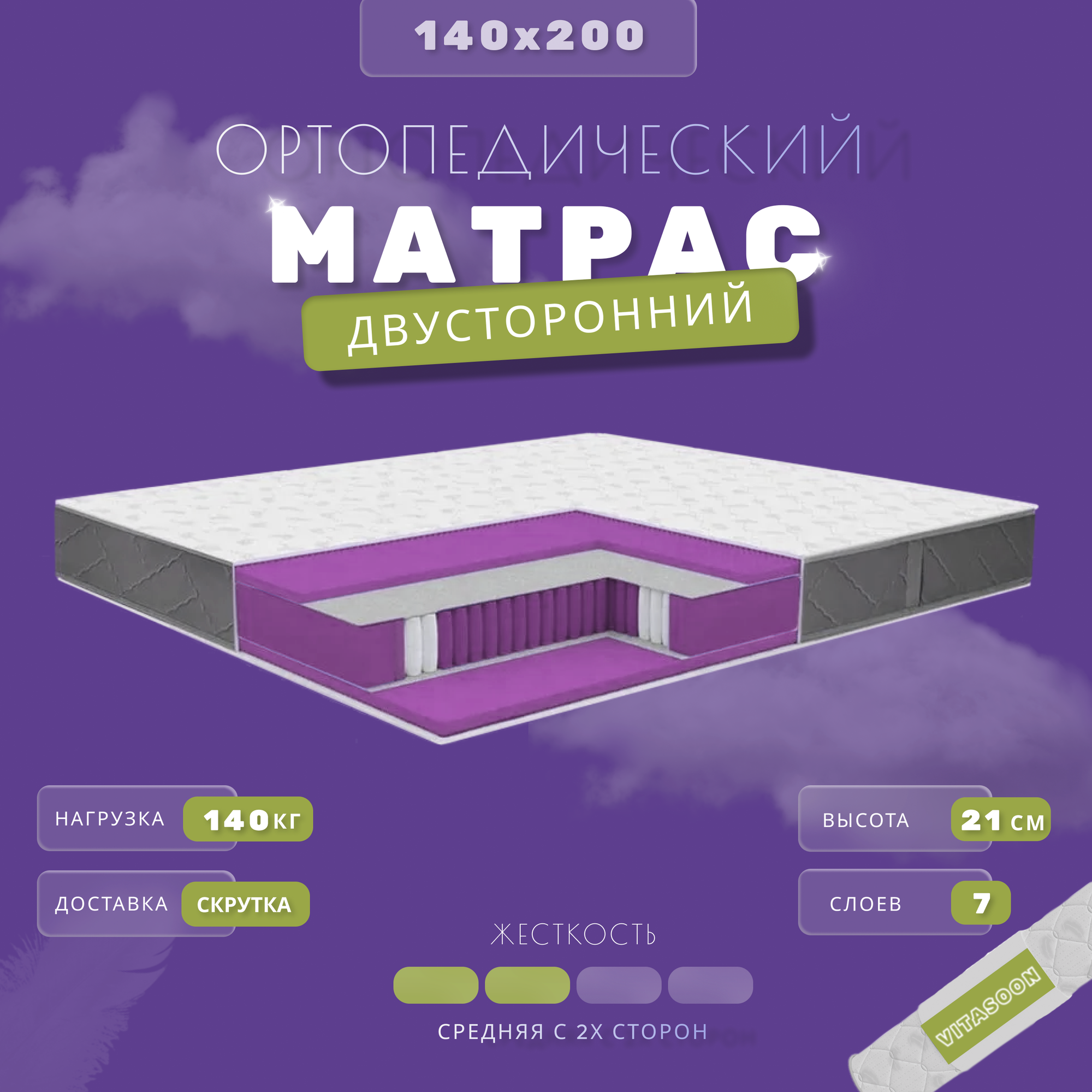 Ортопедический пружинный матрас VitaSoon Medium К Ck 140х200, ППУ, средняя жесткость, полуторный, в скрутке