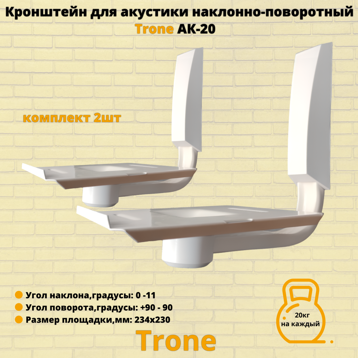 Кронштейн для акустики на стену наклонно-поворотный Trone АК-20 комплект 2шт,белый