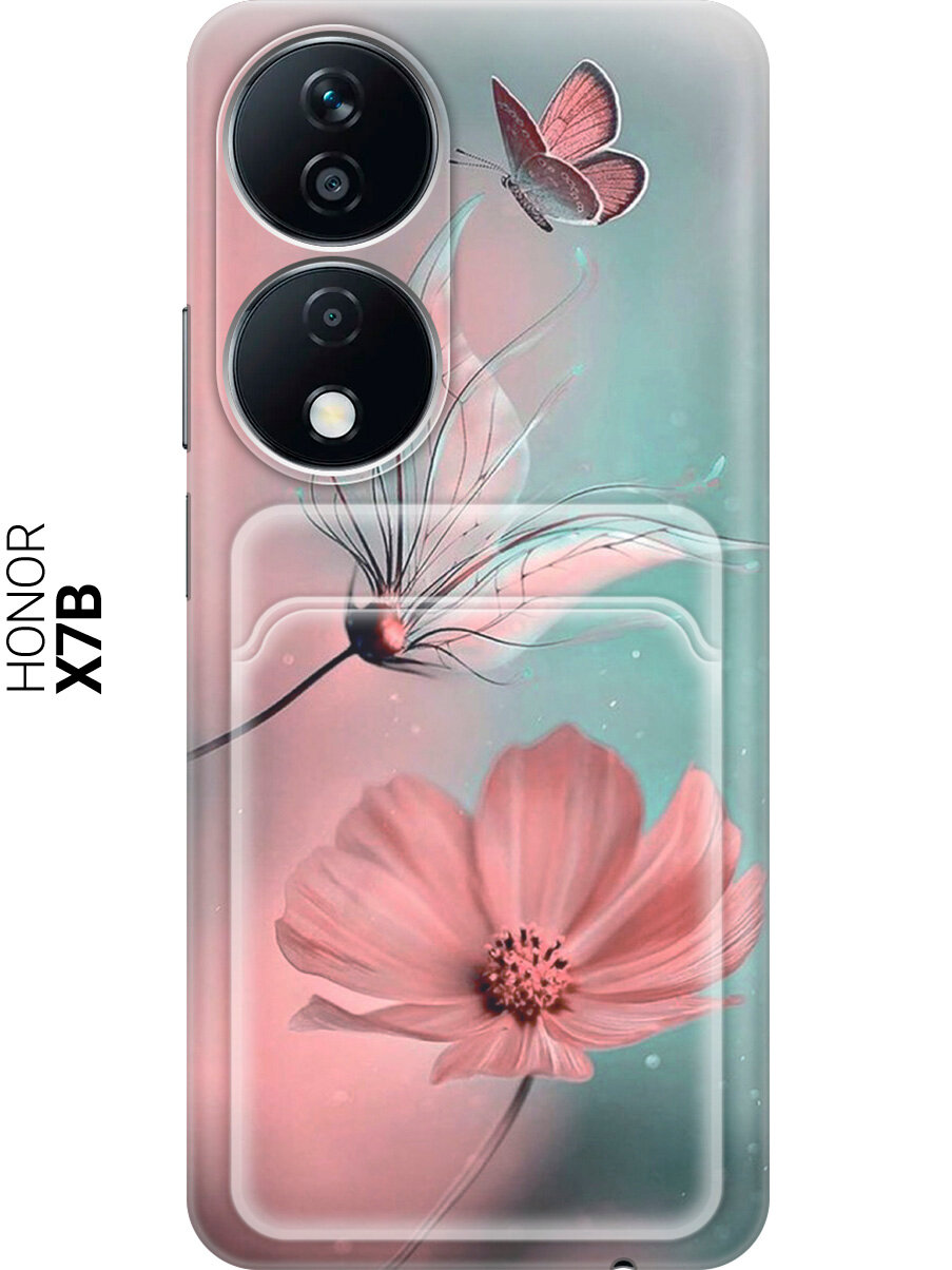 Силиконовый чехол на Honor X7b с принтом "Бабочка и цветы" с карманом для карты прозрачный