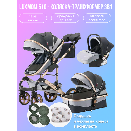 детская коляска трансформер 3 в 1 luxmom 510 синий Детская коляска-трансформер 3 в 1 Luxmom 510, синий с подушкой и чехлами