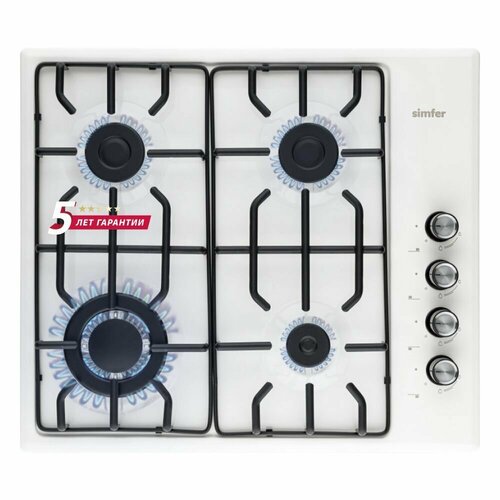 Газовая варочная панель Simfer 60см газ-контроль электроподжиг эмалированная сталь LAMA решетки комплект жиклеров для баллонного газа 5 лет гарантии белый 1642900₽