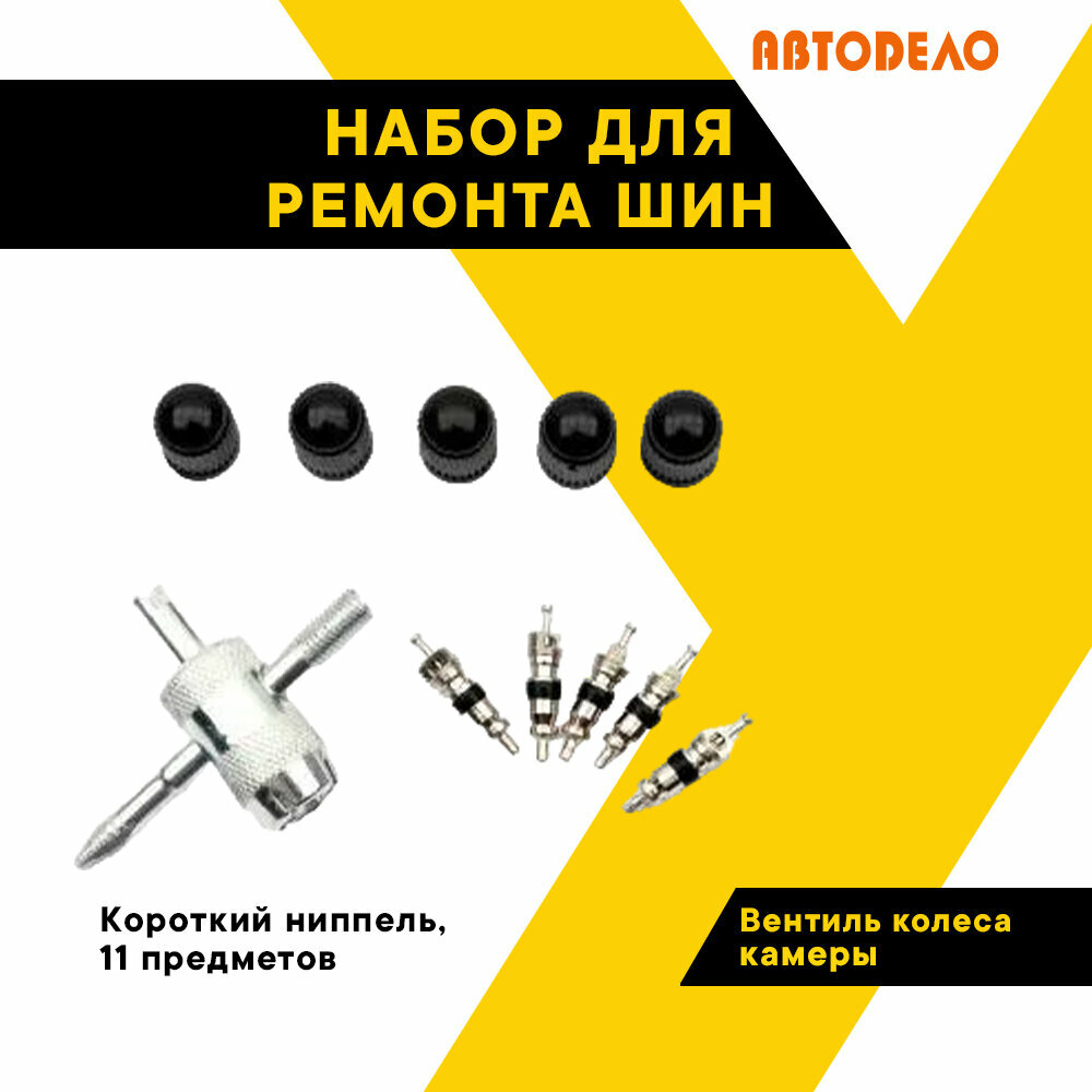 Набор для ремонта шин (вентиля колеса камеры, короткий ниппель, 11 предметов в коробочке) АвтоДело 10958