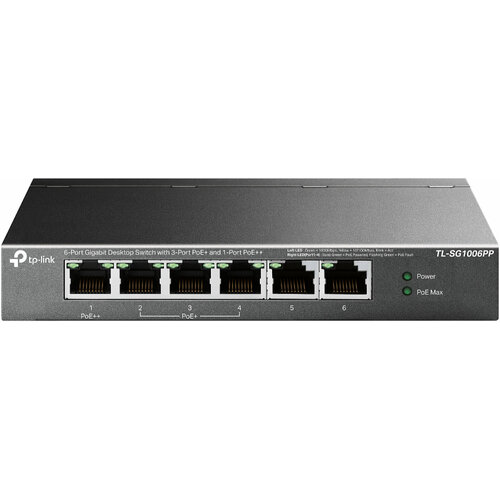 TP-Link TL-SG1006PP Настольный коммутатор с 6 гигабитными портами 3 порта PoE 1 порт PoE 8023afatbt 3-го типа бюджет PoE 64 Вт стальной 10000₽