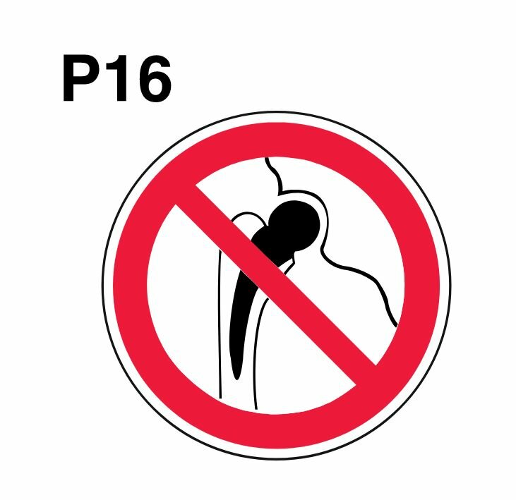 Несветящийся, круглый запрещающий знак P16 Запрещается работа (присутствие) людей, имеющих металлические импланты (самоклеящаяся ПВХ плёнка, 400*400*0,1 мм, 5 шт, ГОСТ 12.4.026-2015)