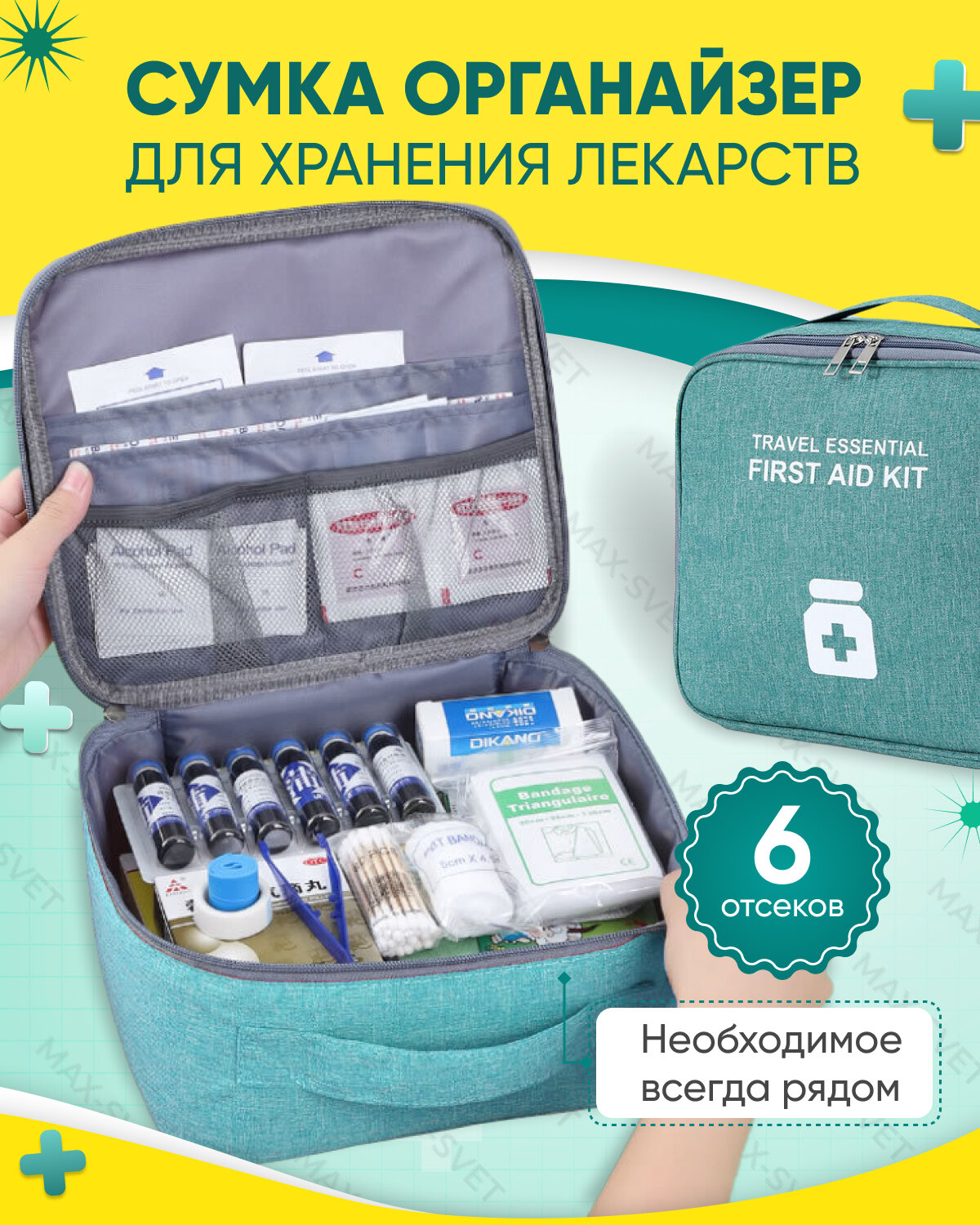 Домашняя аптечка на молнии F-MAX для хранения и транспортировки лекарств, таблеток, медицинских документов, светло-зеленая
