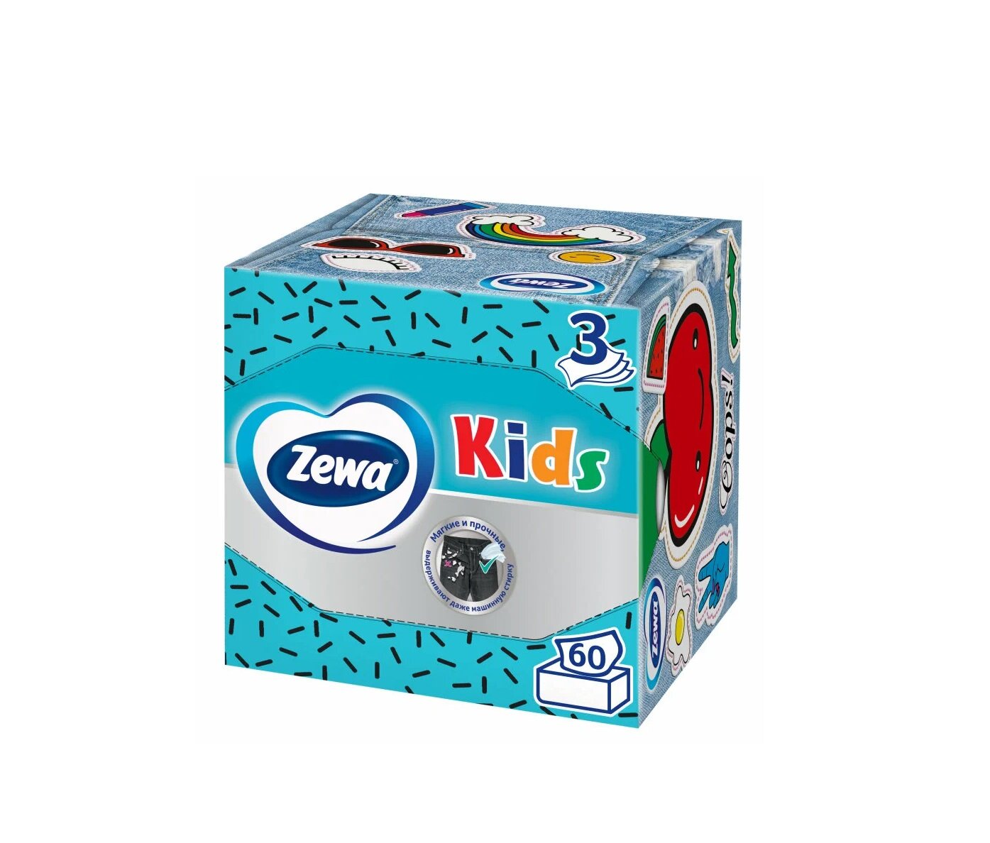 ZEWA Салфетки для лица 3-х слойные KIDS Зоопарк, 60шт (куб)
