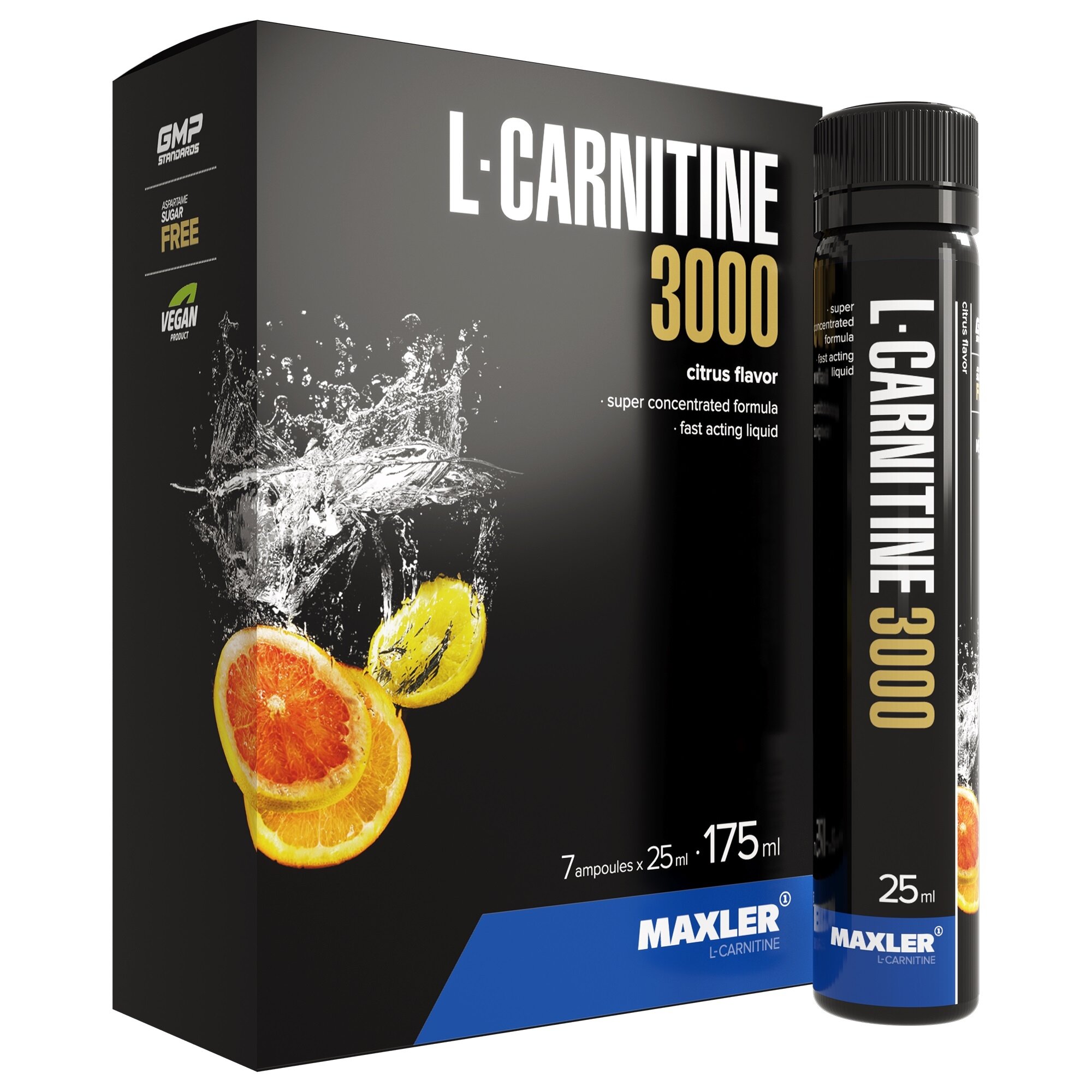 L-карнитин L-Carnitine 3000 - 7 ампул 25 мл супер концентрированная формула (Maxler) Цитрус