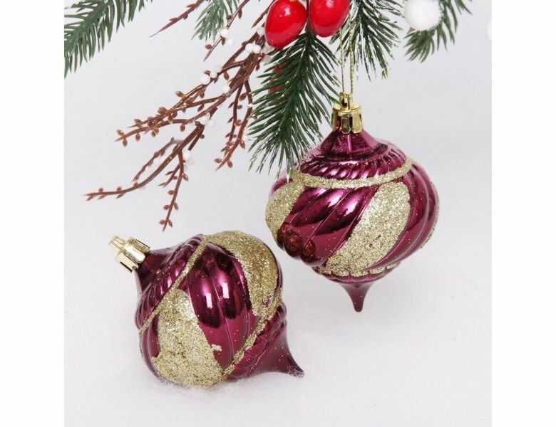 Набор елочных шаров-луковок мерцающее рондо, рубиновый, пластик, 6 см, 2 шт, Serpantin 201-2086
