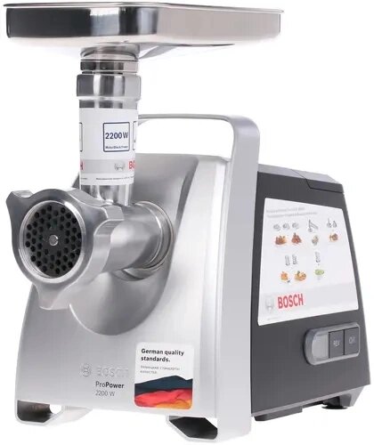 Мясорубка BOSCH/ розничный эксклюзив! 800/2200Вт, 4.3 кг/мин, черный/метал фронт, реверс, отсек