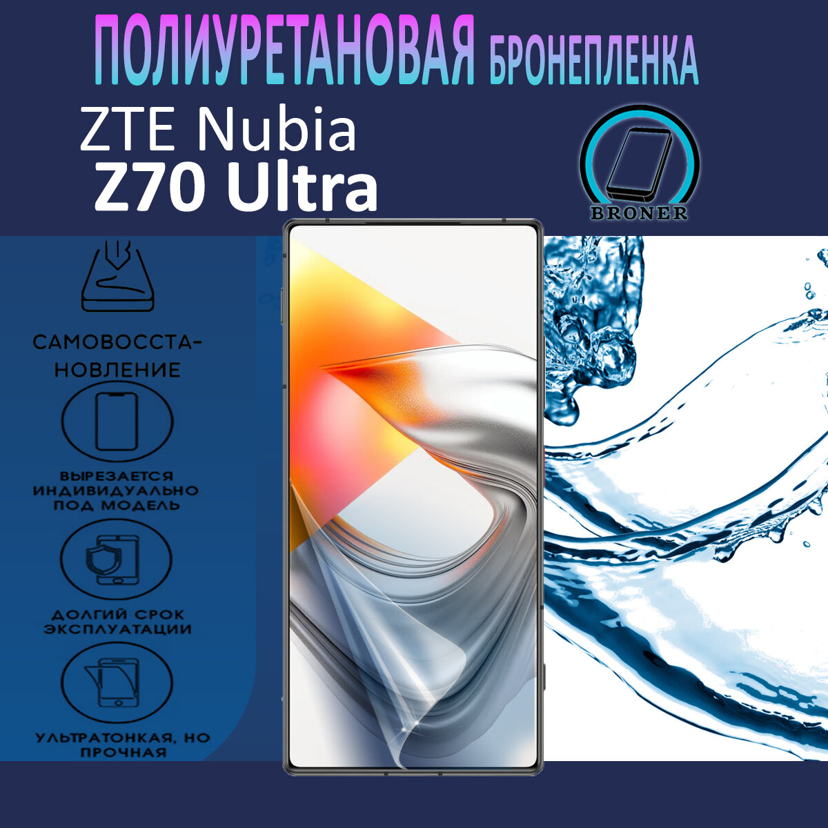 Полиуретановая бронепленка для ZTE Nubia Z70 Ultra / Защитная плёнка на весь экран, без выреза под камеру / Глянцевая