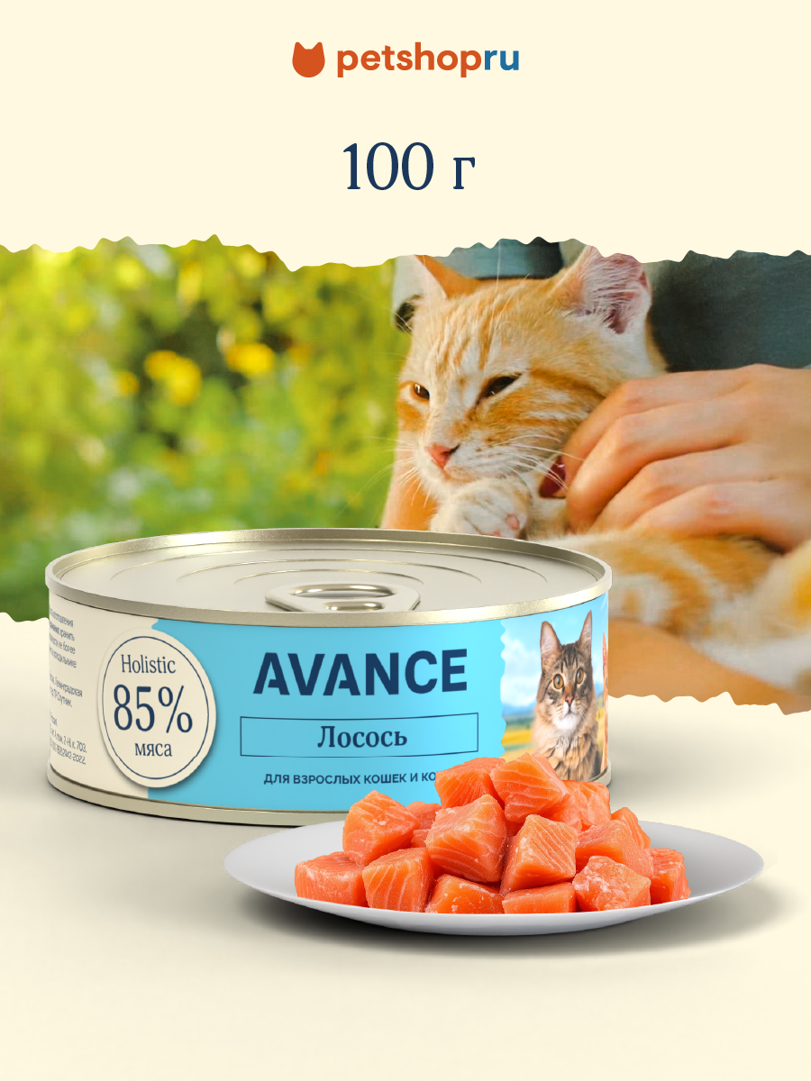 AVANCE holistic Консервы для взрослых кошек и котят с лососем 100 гр