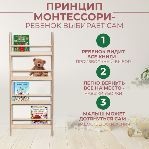 Книжная полка Монтессори, настенная, деревянная, 4 яруса, для детских книг, игрушек