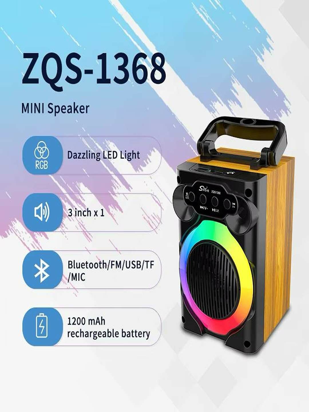 Портативная колонка ZQS-1368 с микрофоном и яркой LED-подсветкой.