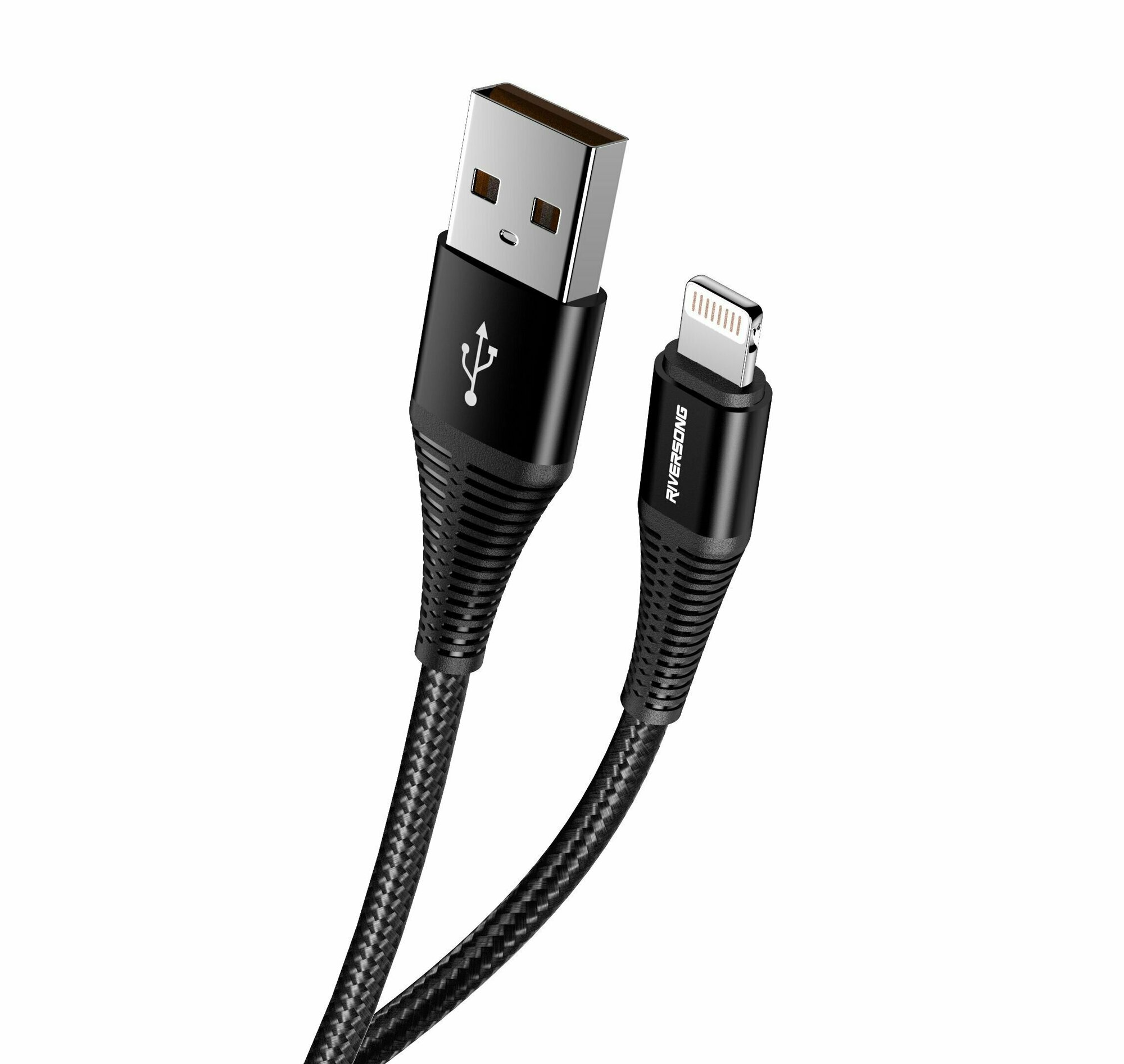 Кабель USB A - Lightning (1 метр) / для зарядки iPhone, iPad, AirPods / Кабель для Айфона / Провод для Айфона / Riversong Alpha S, 2.4А, USB 2.0, цвет черный — фото 1