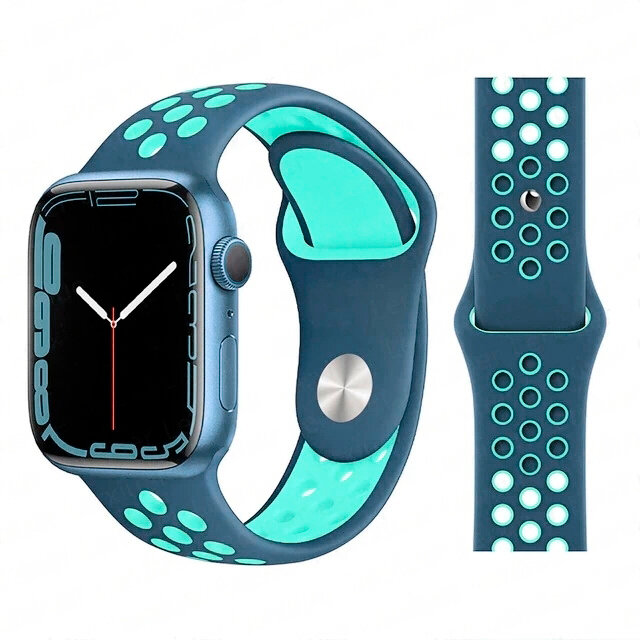 Ремешок силиконовый перфорированный Sport NK для Apple Watch 42/44/45/49 мм, на кнопке, темно-синий+мятный (42)