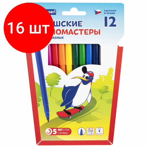 Комплект 16 шт, Фломастеры 12 цветов CENTROPEN Пингвины, смываемые, вентилируемый колпачок, 7790/12ET, 7 7790 1286