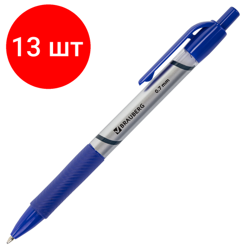 Комплект 13 шт, Ручка шариковая автоматическая с грипом BRAUBERG Leader, синяя, корпус с печатью, узел 0.7 мм, линия письма 0.35 мм, 141540