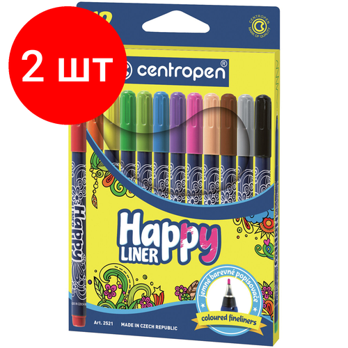 Комплект 2 шт, Ручки капиллярные (линеры) 12 цветов CENTROPEN Happy Liner, линия письма 0.3 мм, 2521/12, 2 2521 1202