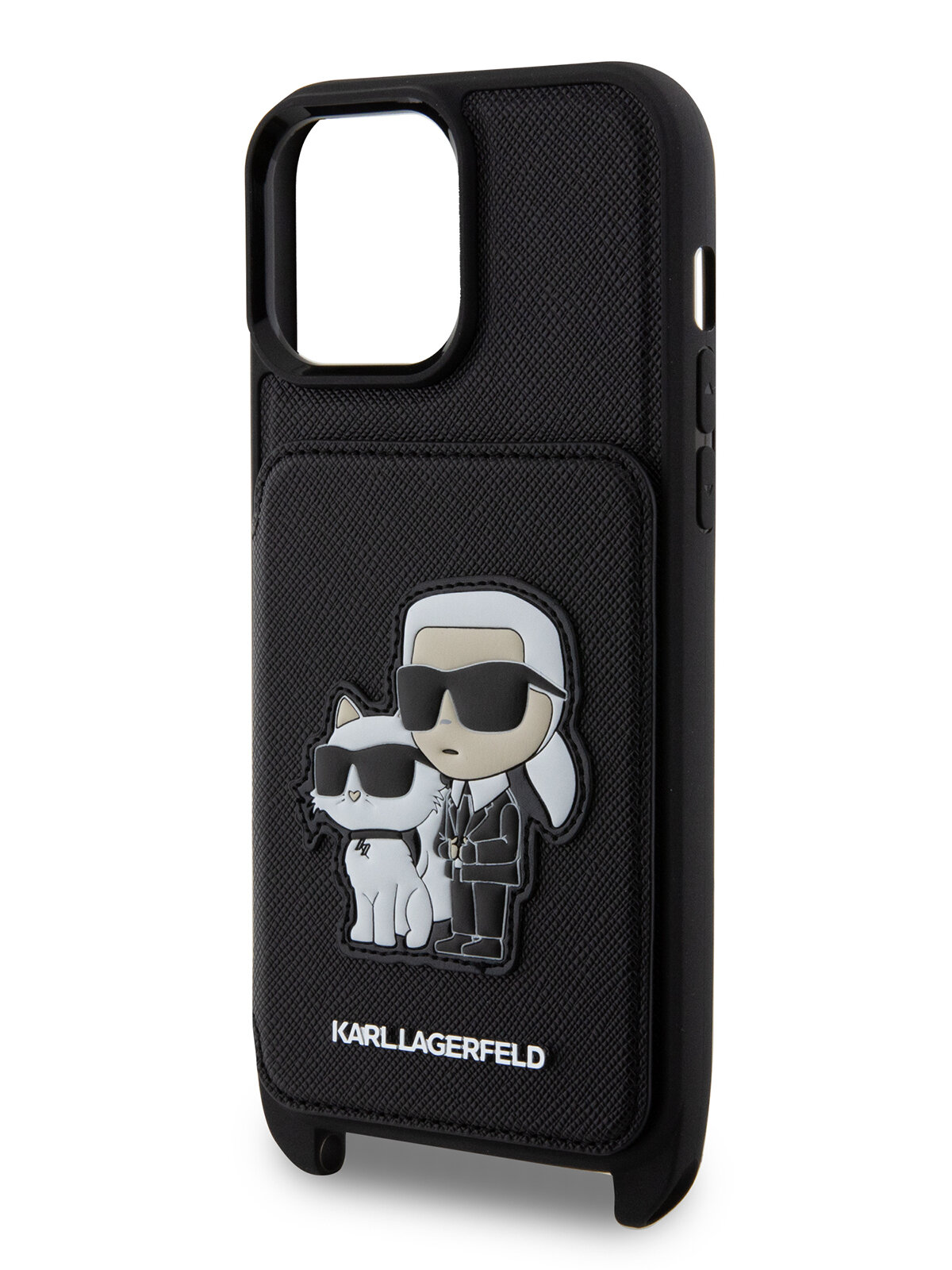 Lagerfeld для iPhone 15 Pro Max чехол Crossbody cardslot PU Saffiano NFT Karl&Choupette Hard Black