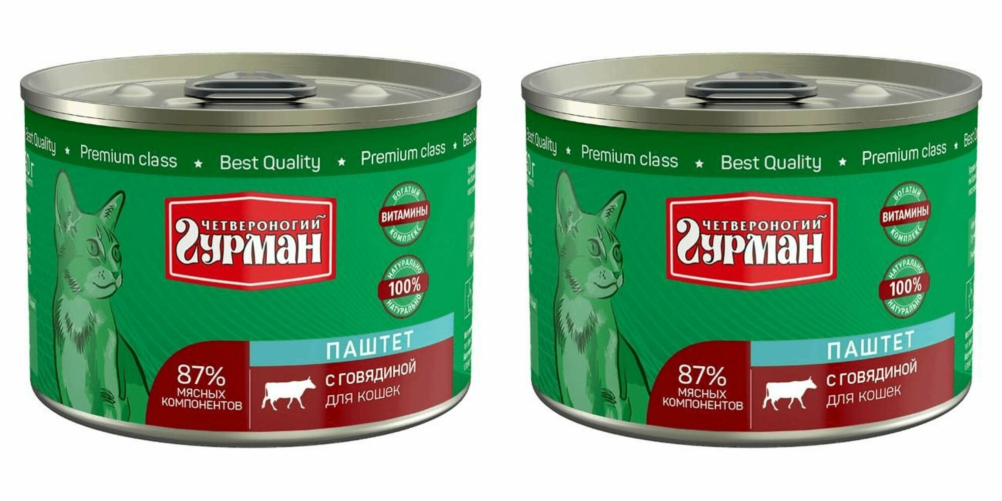 Четвероногий Гурман Корм консервированный для кошек Паштет с говядиной, 190 г, 2 шт