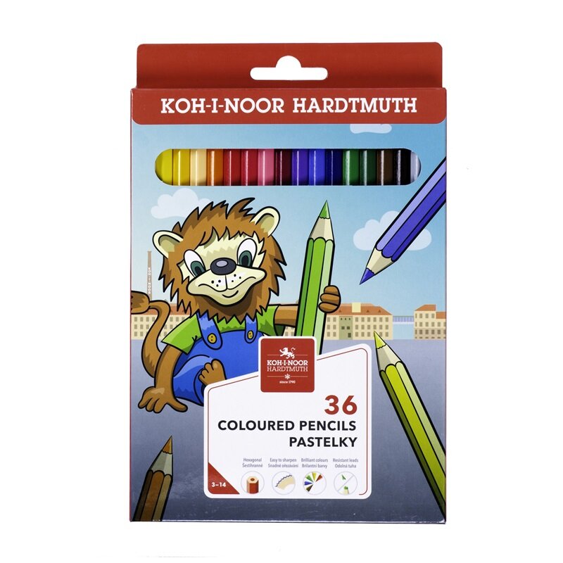 Карандаши цветные 36 цветов Koh-I-Noor Lion (L=175мм, D=7мм) картон, европодвес (3555036034KS)