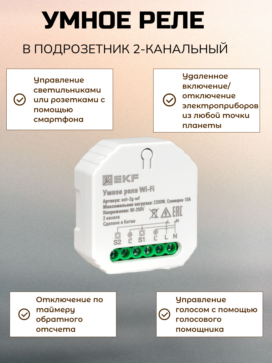 фото Умное реле в подрозетник 2-канальное Wi-Fi EKF Connect