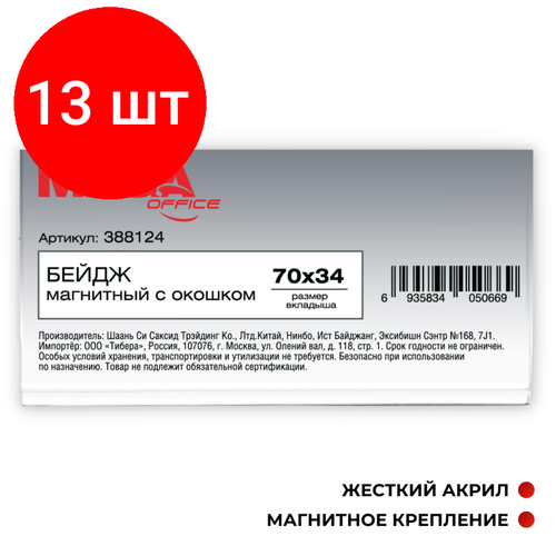 Комплект 13 штук, Бейдж магнитный Promega office с окошком 70х34T-525