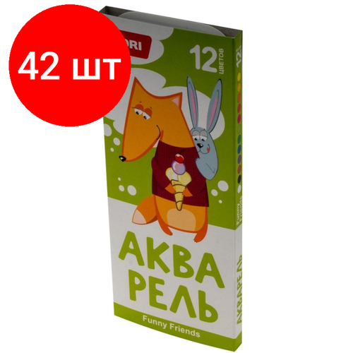 Комплект 42 наб, Краски акварельные FUNNY FRIENDS, 12 цветов, б/к, Ааф-003