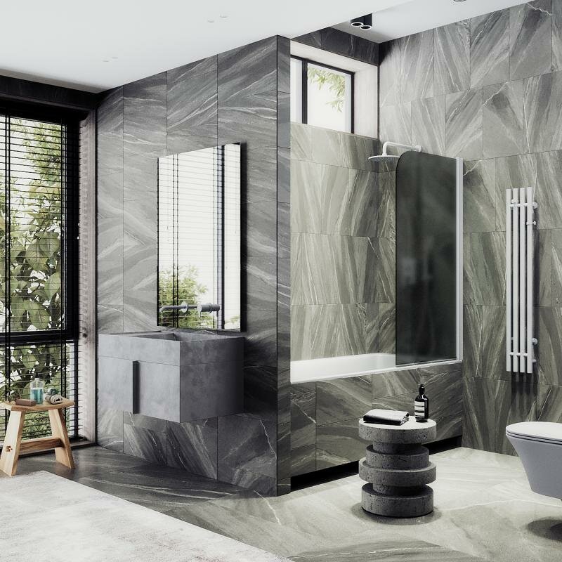 фото Maybah Glass Распашная шторка для ванны поворотная на монопетле 80 см, стекло тонированное (графит) матовый, профиль белый MGV-624-1 Maybah Glass