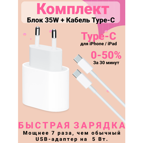 Сетевое зарядное устройство Premium Type-C 35W + кабель USB-C - USB-C, 2м для iPhone 15, iPad, AirPods сетевое зарядное устройство для iphone 15 15 plus 15 pro 15 promax 35w pd type c цвет белый 1шт