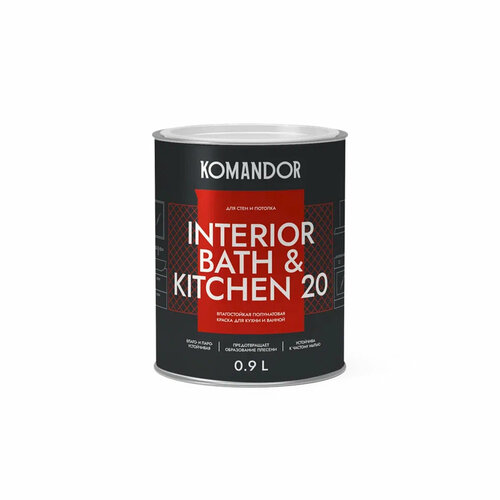 Краска интерьерная влагостойкая Komandor Interior Bath&Kitchen 20, база С, бесцветная, 0,9 л