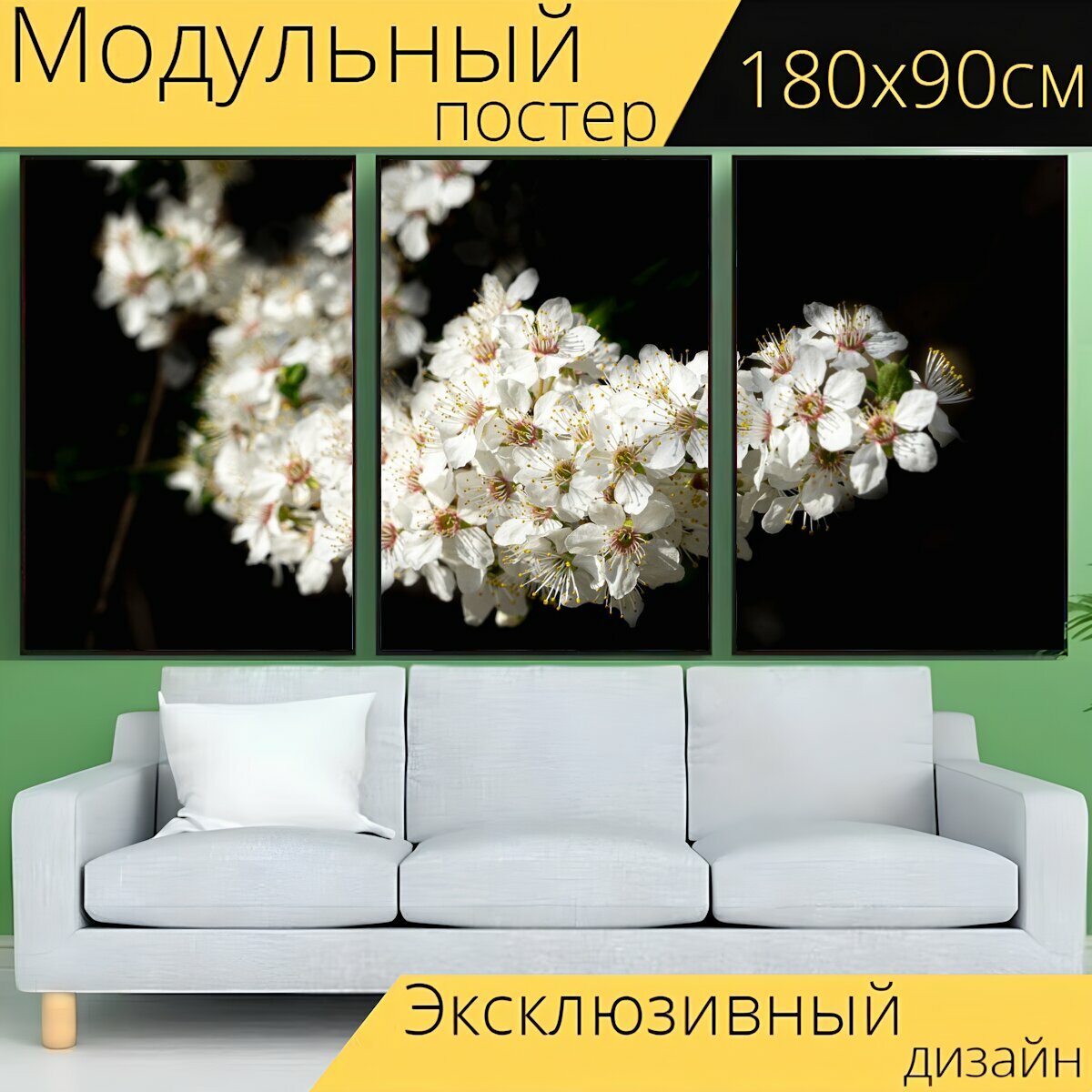 Модульный постер "Белый, цветы, блум" 180 x 90 см. для интерьера