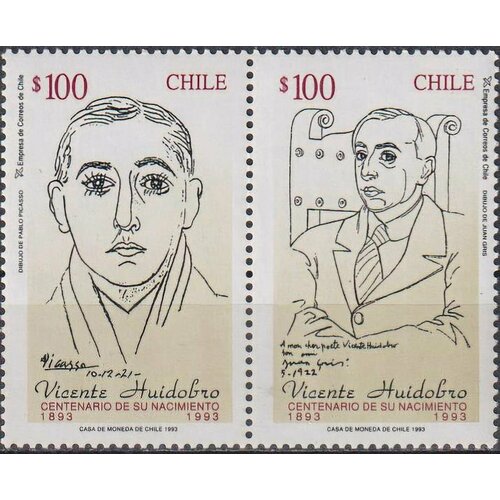 Почтовые марки Чили 1993г. 100 лет со дня рождения Висенте Уидобро Поэты MNH