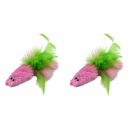 GoSi Игрушка для кошек Мышь с мятой, розовый мех, с хвостом перо, 2 шт