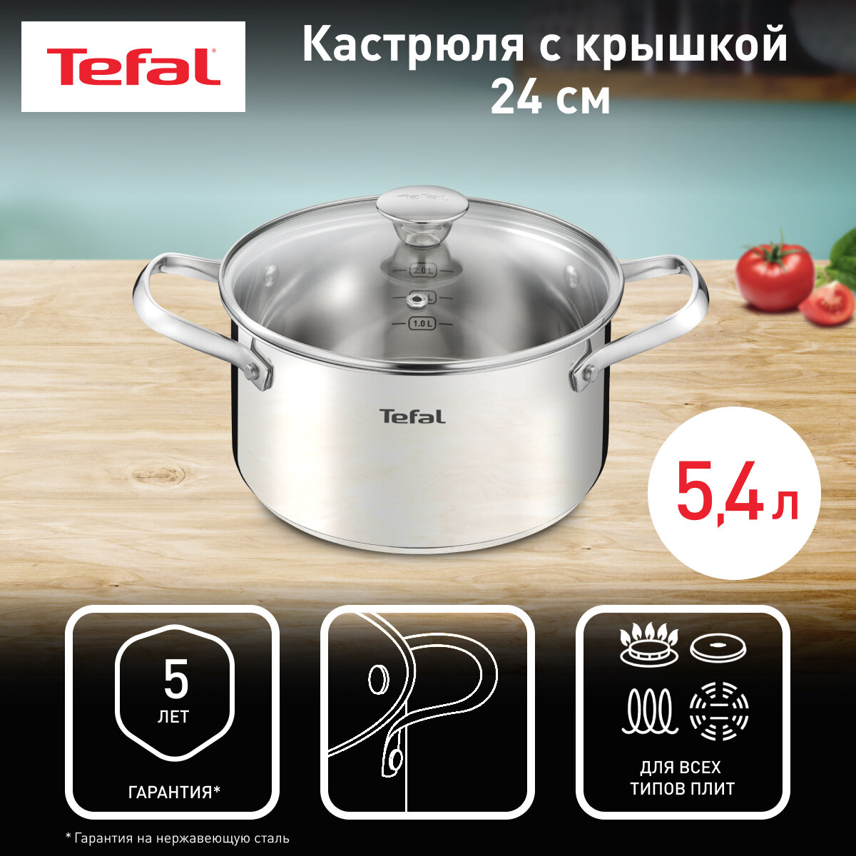 Кастрюля 24 см Tefal Cook Eat B9214674 с крышкой, из нержавеющей стали, для всех типов плит, включая индукционные