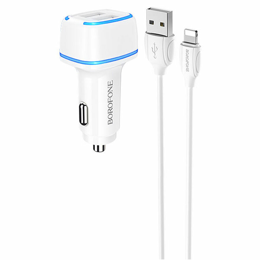 Автомобильное зарядное устройство BOROFONE BZ14 Max, 2xUSB с Кабелем USB - Lightning, 2.4A, белый