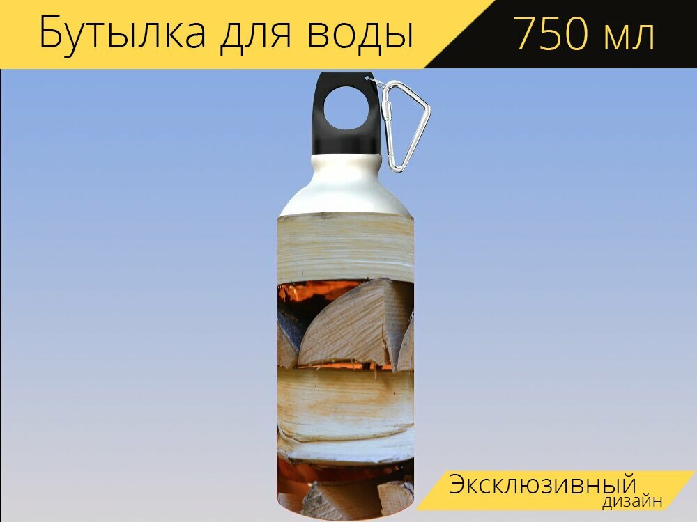 Бутылка фляга для воды "Древесина, дрова, журналы" 750 мл. с карабином и принтом