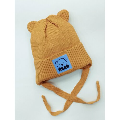 фото Шапка мой ангелок на завязках, с ушками, размер 1-3 года, 46-50, горчичный