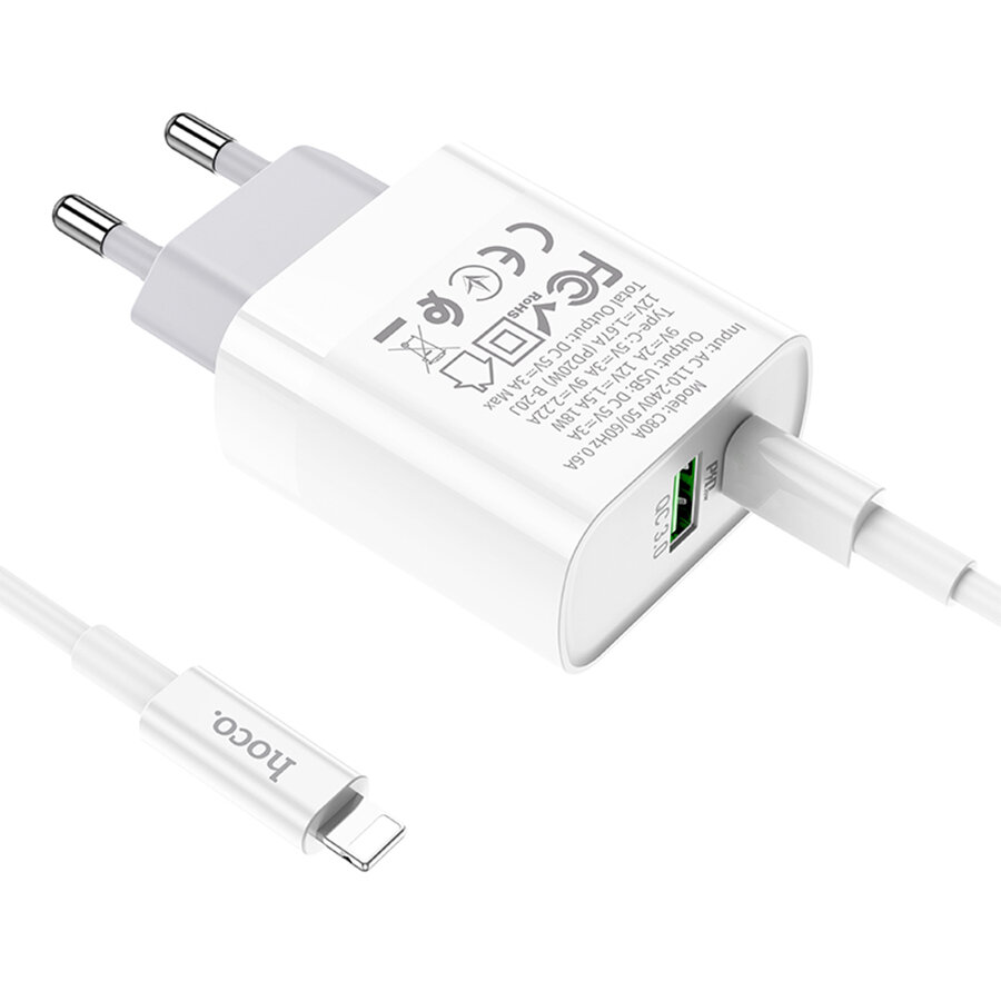 Сетевое зарядное устройство HOCO C80A Rapido 1xUSB + 1xUSB-C с Кабелем Type-C - Lightning, 3.1A, 20W, белый — фото 1