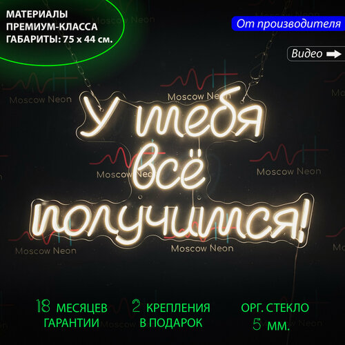 Изображение товара Неоновый светильник, неоновая светодиодная вывеска на стену, настенная неоновая лампа, надпись "У тебя все получится", для дома и бизнеса, 75 х 44 см.