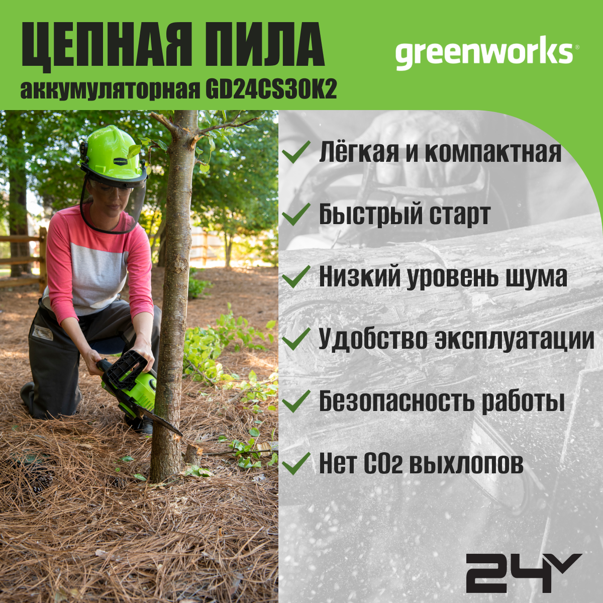 Пила аккумуляторная GREENWORKS GD24CS30K2 24 В 30 см - фото №2