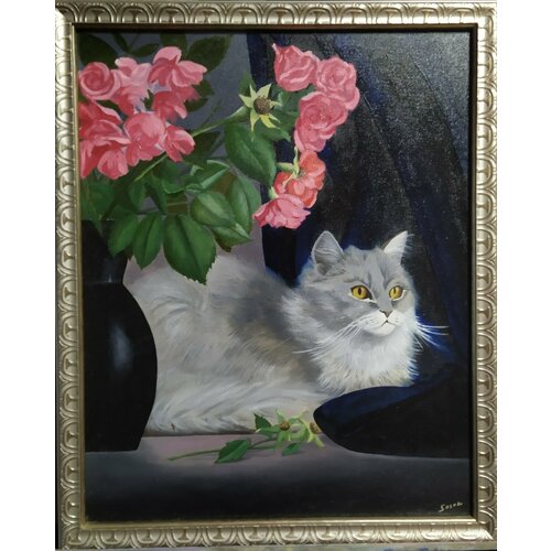 Картина маслом Натюрморт с котом картина маслом на холсте 5444 см ручная работа Соснина Татьяна магазин Три сосны 9000₽