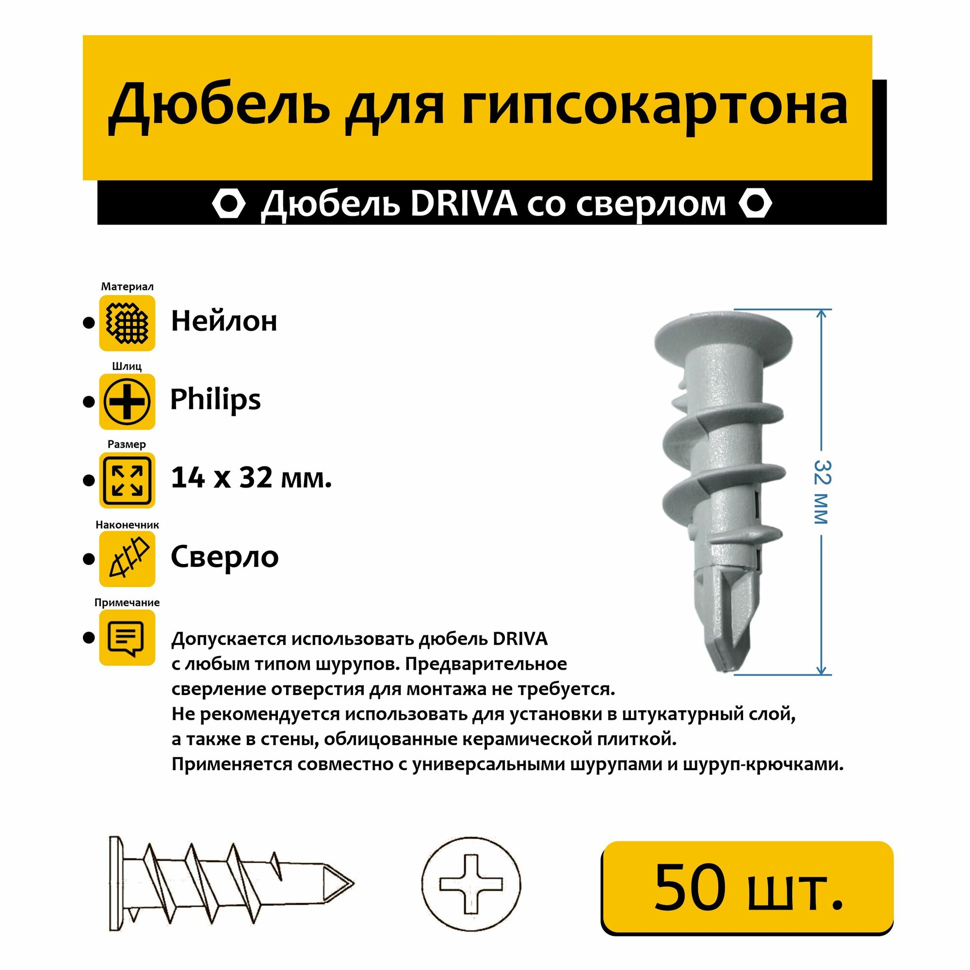 Дюбель DRIVA со сверлом 14х32мм 50 шт.