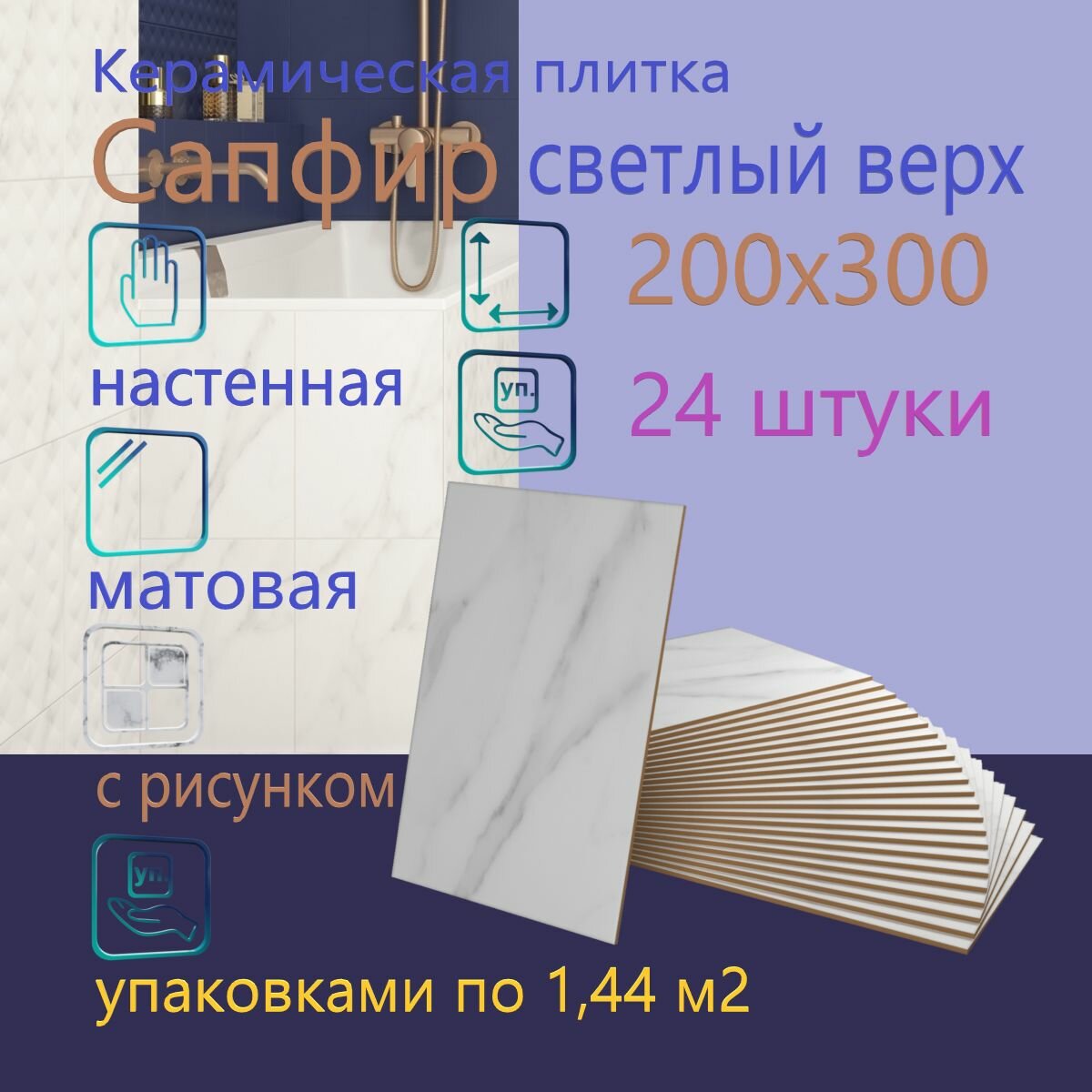 фото Керамическая плитка для стен Сапфир светлый верх 01 200х300 - 24шт(1,44м2), руб/кор.