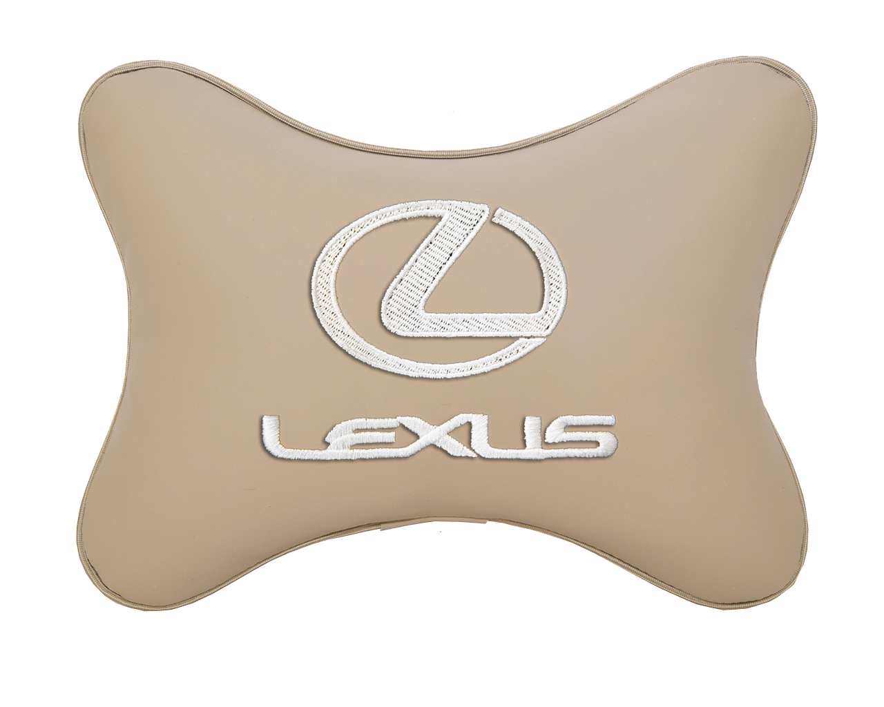 Автомобильная подушка на подголовник экокожа Beige с логотипом автомобиля LEXUS