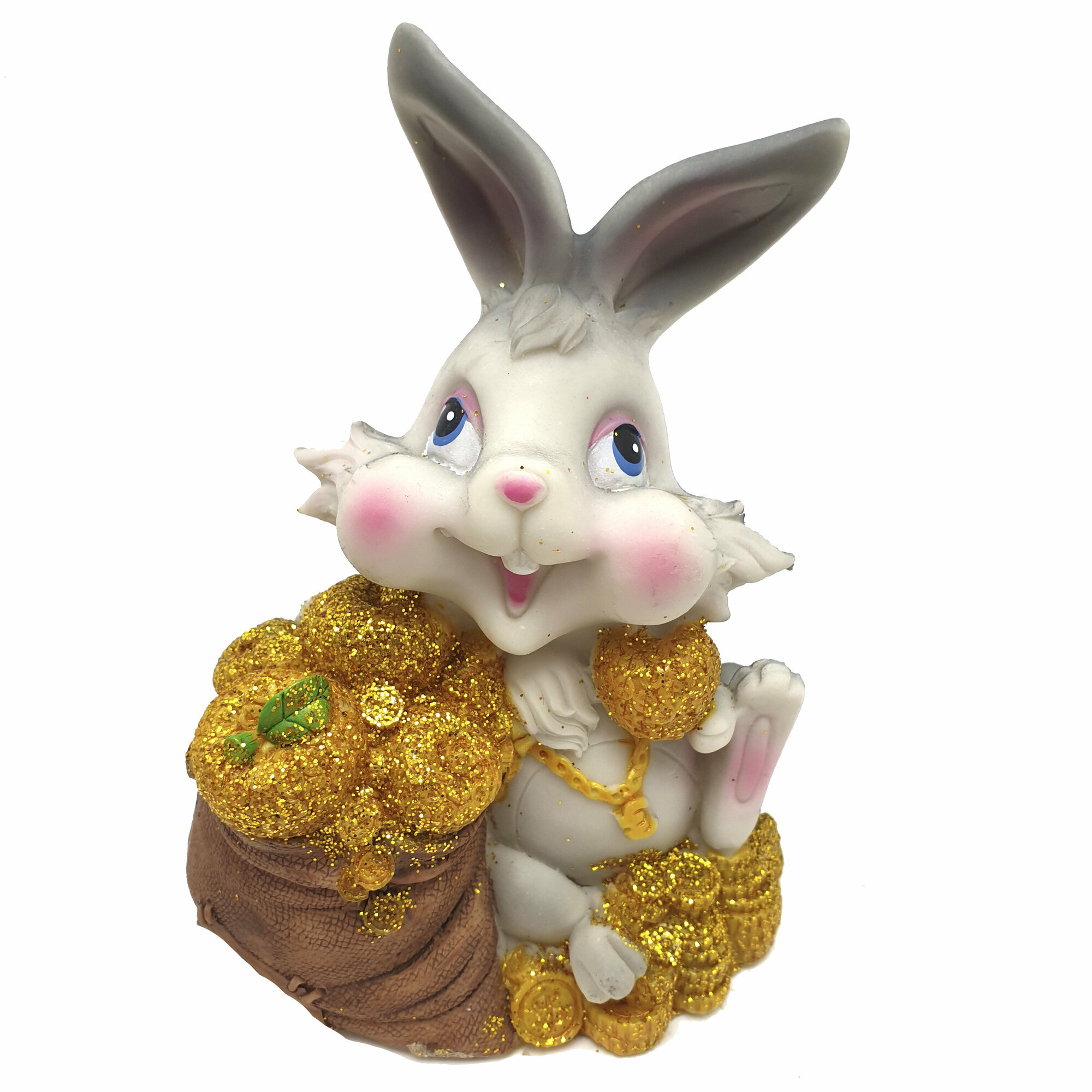 Копилка для денег. Кролик с Корзиной Золотых Яблок, 14x10 см. Символ года. С резиновым клапаном. Не разбивать. Вечная копилка.